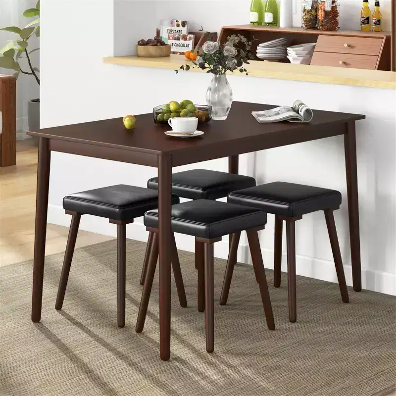 Costway 5PCS Dining Table Set for 4 w/ 4 Upholstered Stools Rubber Wood Legs for Kitchen