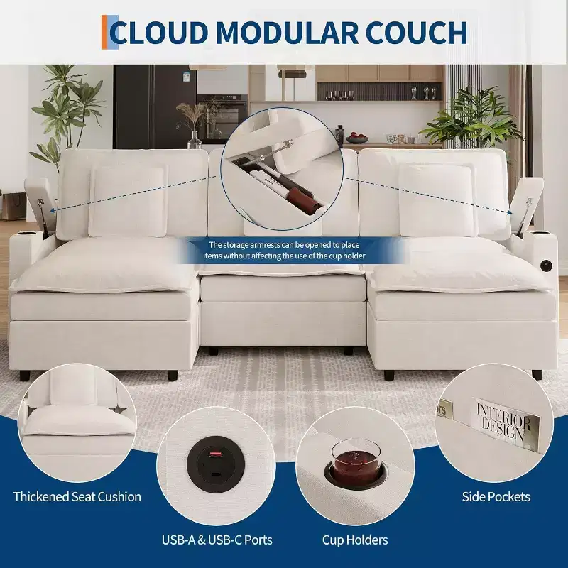 108 in Cloud Modular Sectional Sofa with Storage Armrests and Charging Ports, Movable Ottoman and Cup Holder Included, Beige
