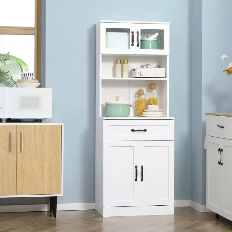 HOMCOM 63.5 Inches Freestanding Kitchen Pantry, 4-Door Buffet Cabinet with Hutch, Coffee Bar Storage Cabinet with Adjustable Shelves, White