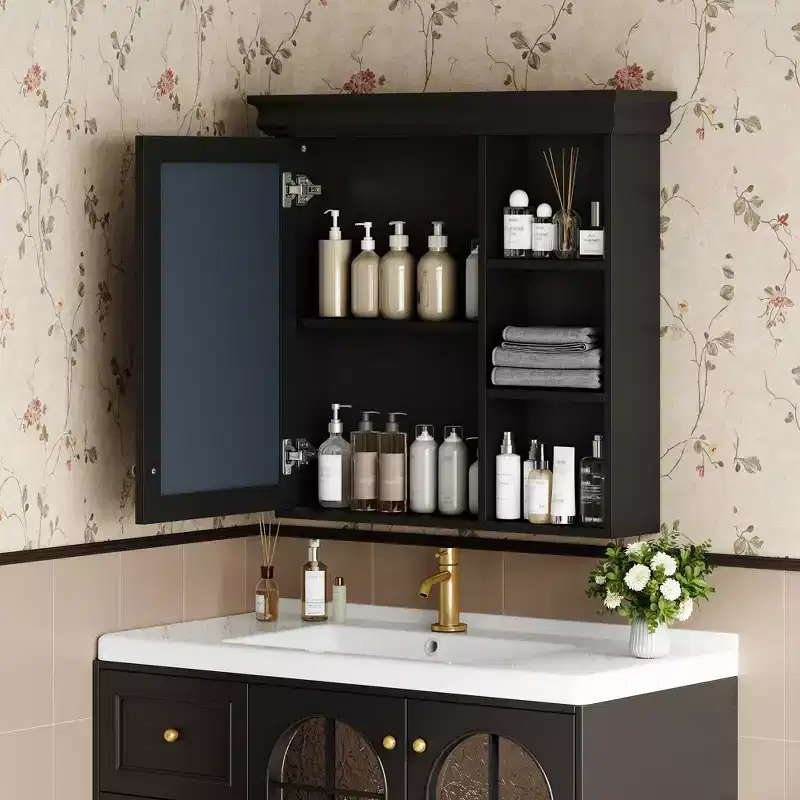 30 in. W x 28 in. H Rectangular MDF Medicine Cabinet with Mirror, Adjustable Shelf, Soft-closing Hinges, Open Shelves