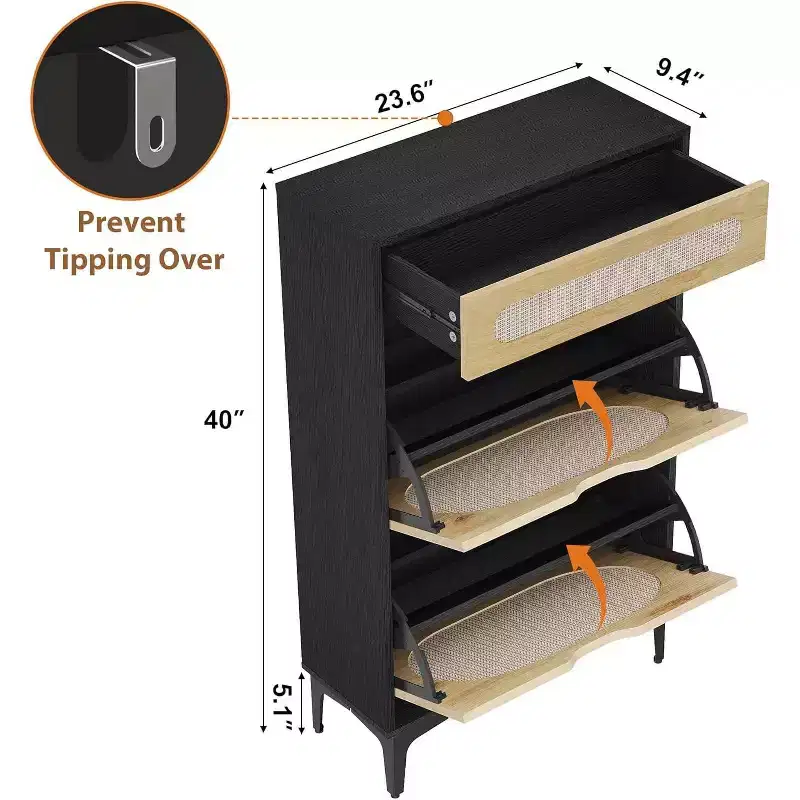 Rattan Shoe Cabinet with 2 Flip Drawers & 1 Pull-Out Drawer, Adjustable Shelves, Metal Legs, Space-Saving Entryway Storage