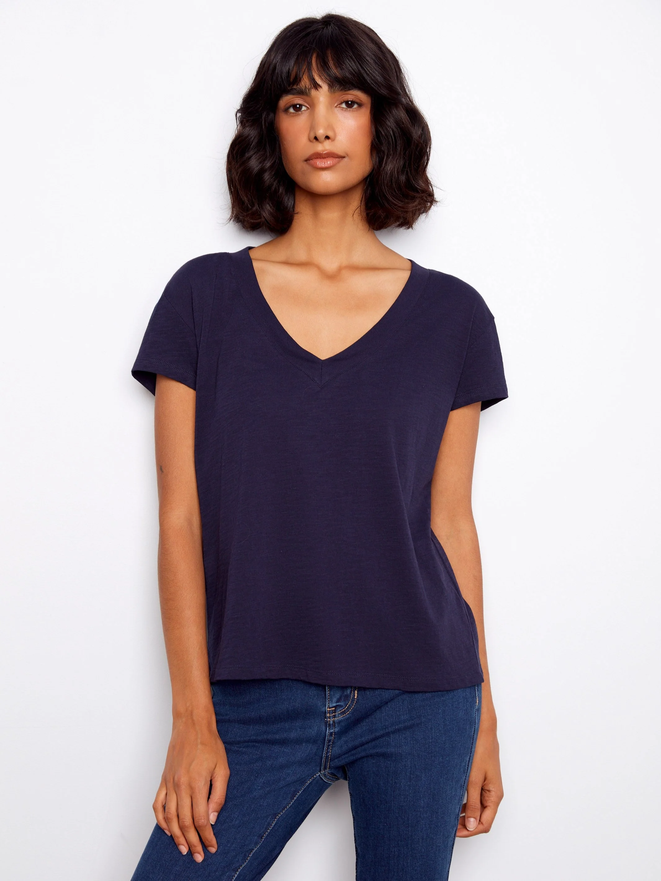 Organic Cotton Drop Shoulder V-Neck T-Shirt - Navy