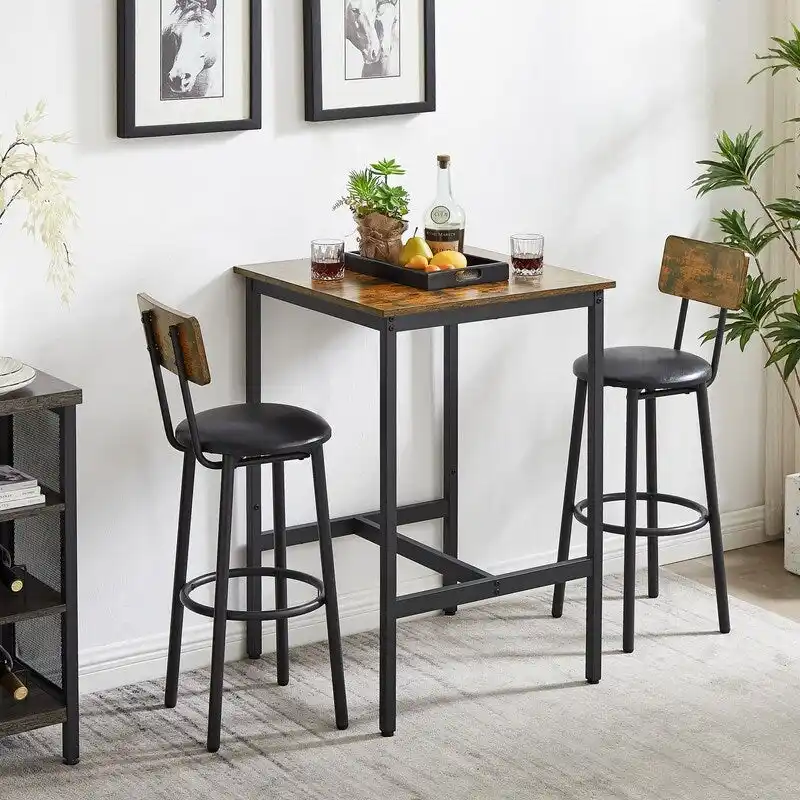Eureka Industrial Bar Table Set, 3-Piece Dining Table and PU Upholstered Stools Set, Small Counter Height Pub Bistro Table Set