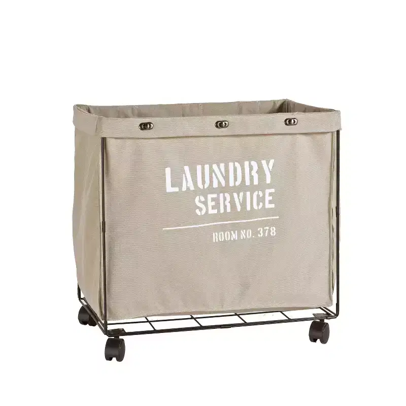 Army Canvas Laundry Hamper on Wheels: Heavy Duty Beige Clothes Sorter, Portable Iron Frame, 32 Volume Capacity