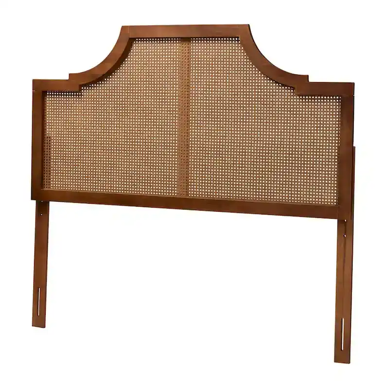 Mid-Century Modern Ash Walnut Finished Wood and Rattan Headboard