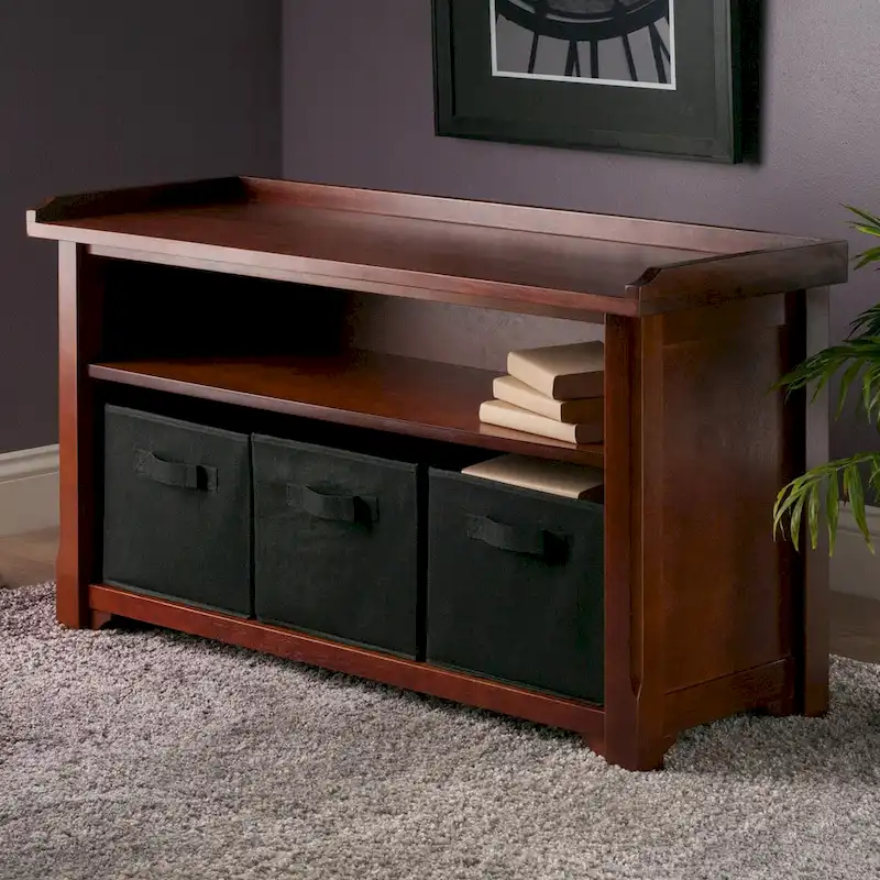 Storage Bench with 3 Foldable Baskets & Open Shelf – Walnut & Black, Solid Wood, 1-Person Seating