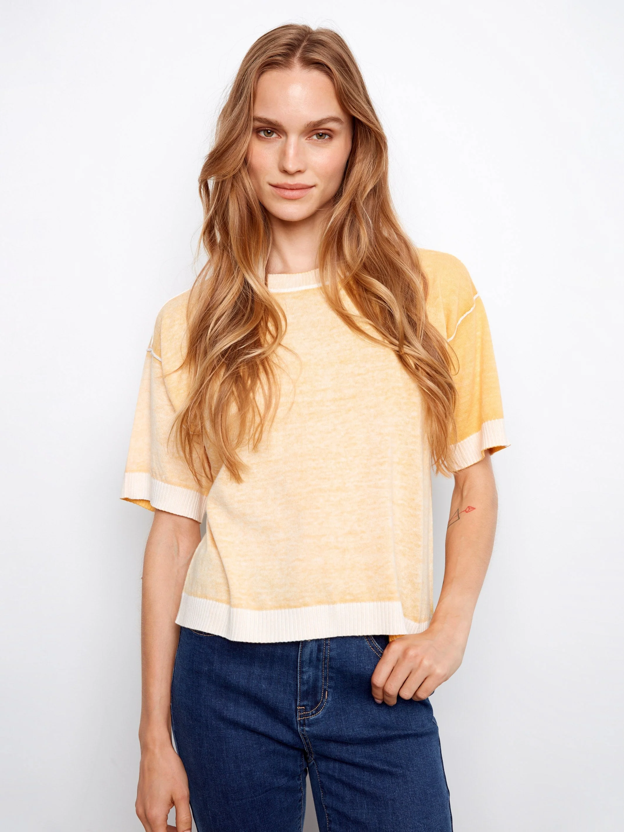 Short Sleeve Reverse Print Sweater - Yellow Floral