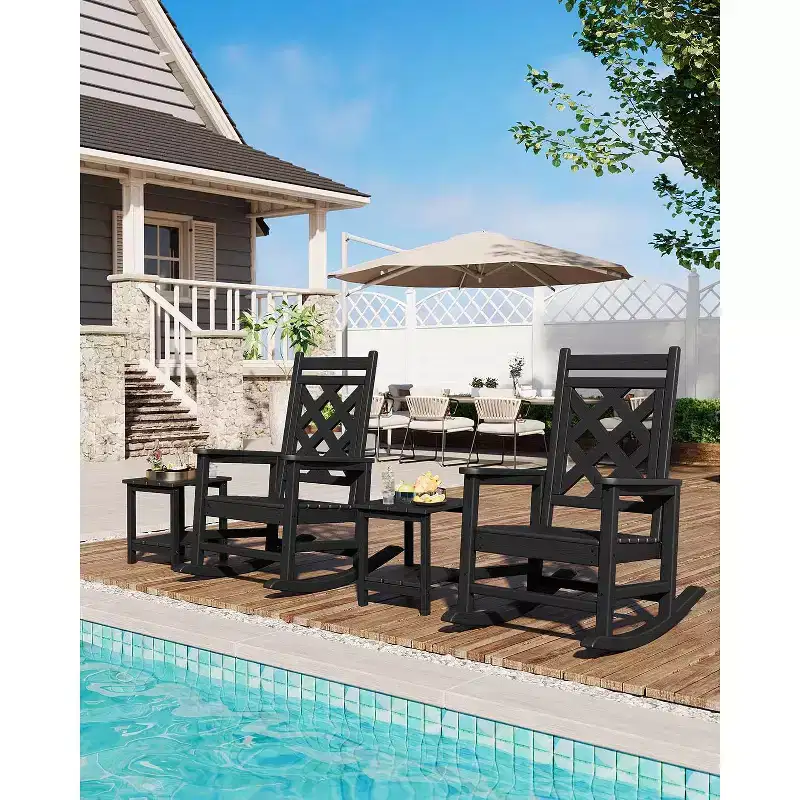 Outdoor Rocking Chair, HDPE Weather Resistant Patio Rocking Chair Porch Rocker with Wood Texture & 380 LBS Support for Deck, Pool, Backyard