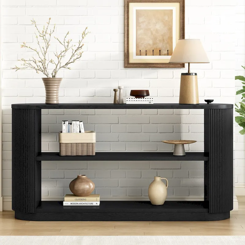 Console Table with Open Shelves and Fluted Wood Veneer