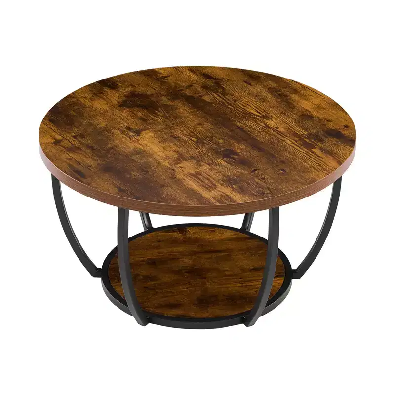 VEVOR Coffee Table, Modern Round Coffee Table, 2 Tiers Wooden Circle Center Desk with Open Storage, Minimalist Metal Frame Accent End Desk, Brown