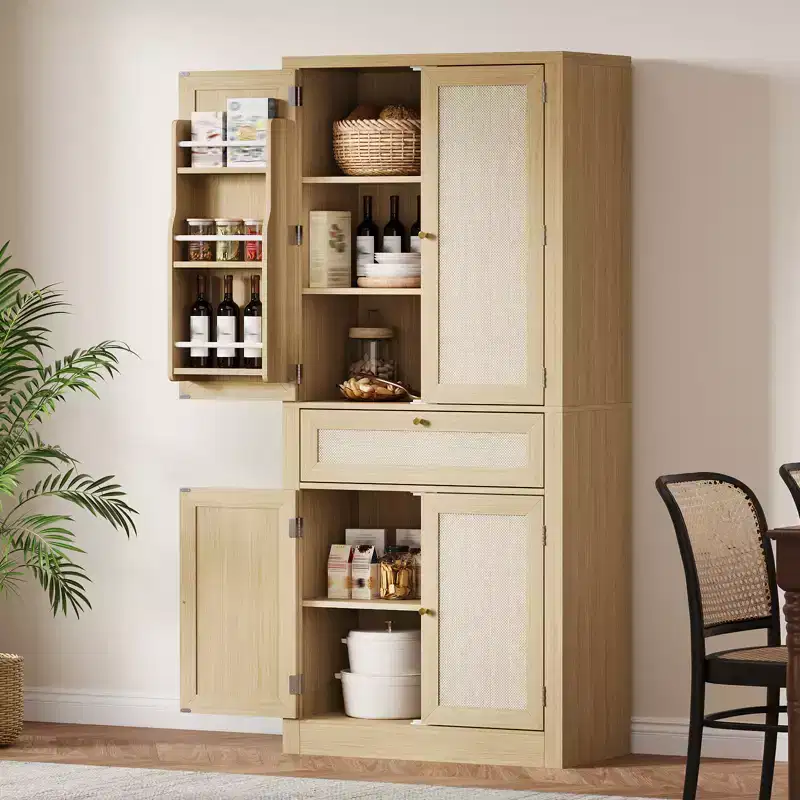 Wicker Food Storage Cabinet with one drawer, two cabinets, and four adjustable shelves. Ideal for living rooms, kitchens, and laundry rooms.