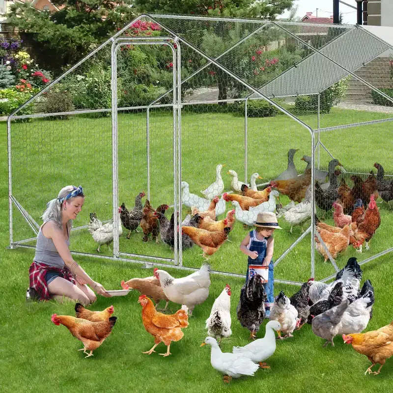 Chicken Coop, Large Metal Chicken Run - Walk in Poultry Cage with Waterproof Anti-UV Cover, Spire Roof for Outdoor Farm Use