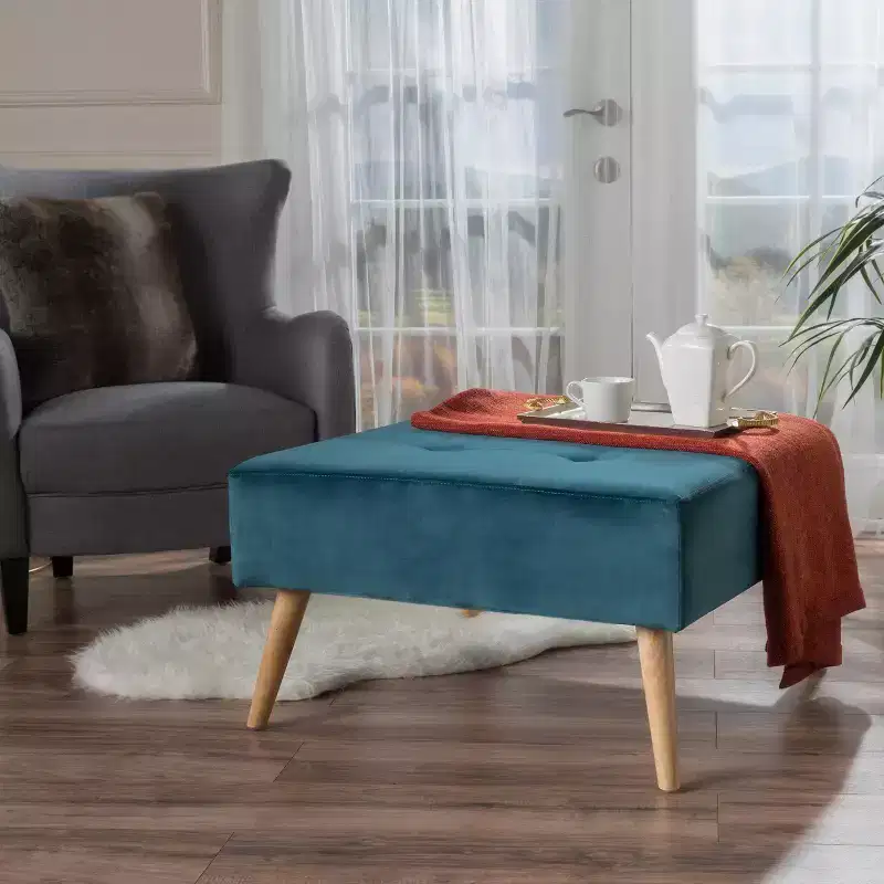 Dark Teal Velvet Square Ottoman – Tufted, Birch Legs, Seats 1