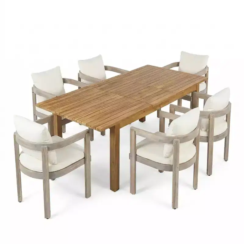 Christopher Knight Home Custi Modern 7 Piece Patio Acacia Dining Set with Expandable Slatted Table and Cushion