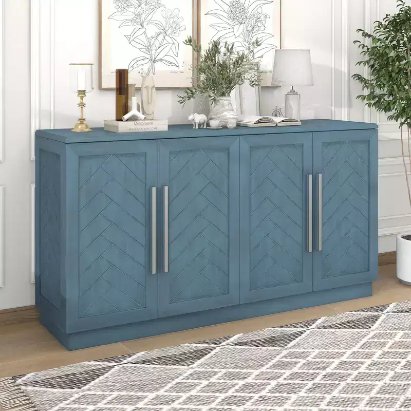 4-Door Sideboard Storage Cabinet with Silver Handles & Adjustable Shelves, Wooden Buffet Cabinet for Kitchen/Dining Room/Hallway
