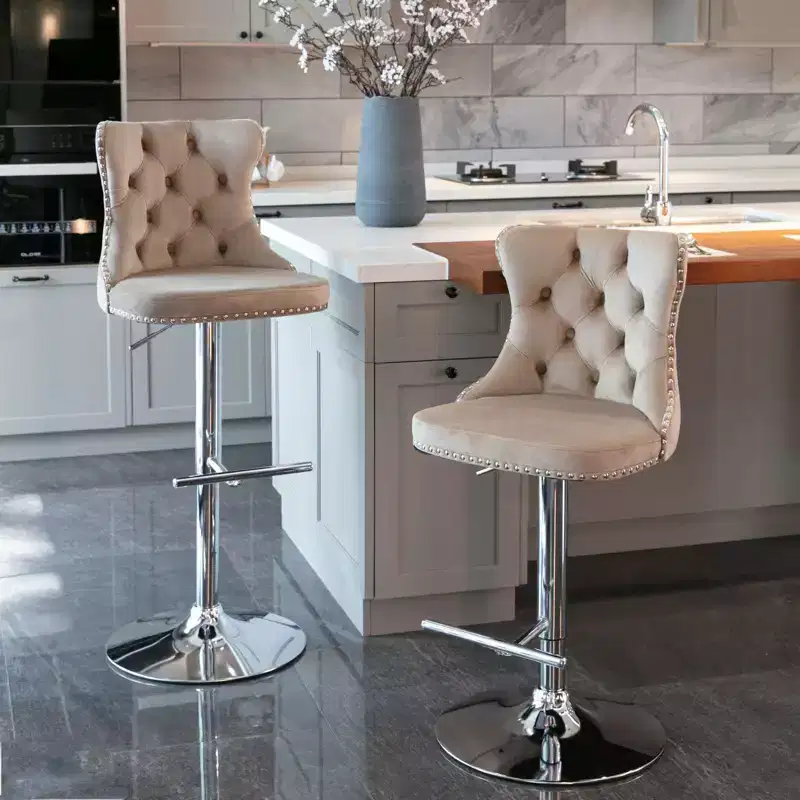 Okak Swivel Velvet Barstools Counter Height Bar Stools Set of 2, 360Swivel Barstools with Back Tufted & Matte Silver Frame