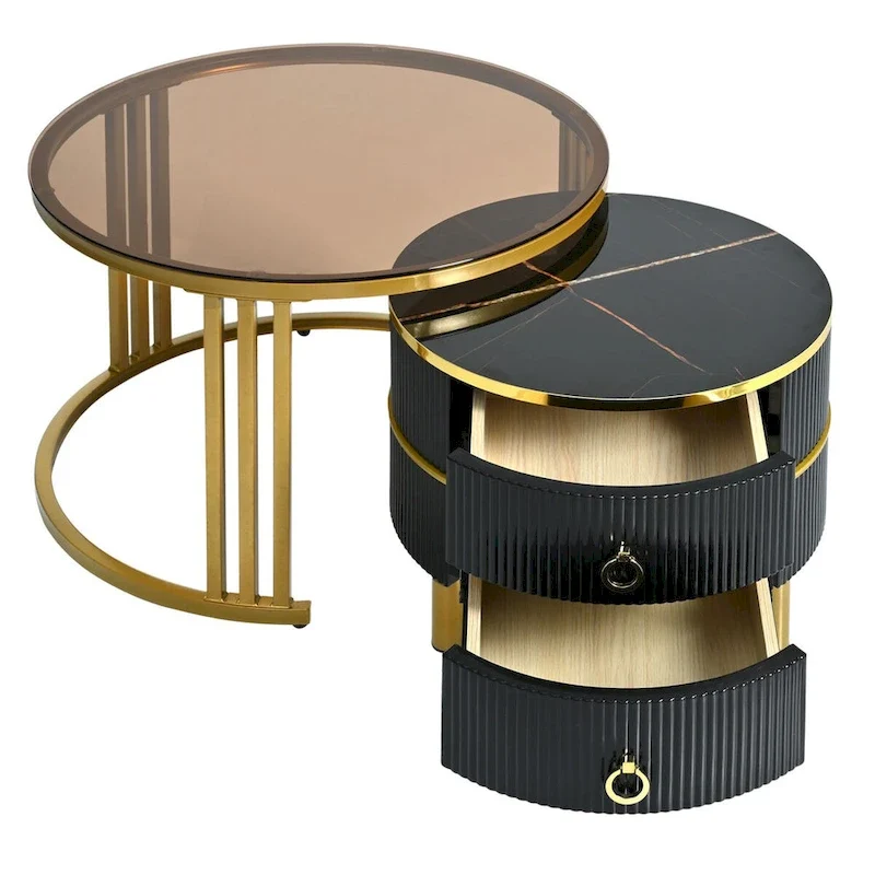 Mieres Modern Stackable Coffee Table, Nesting Coffee Table Set of 2, Side Tables with Brown Tempered Glass Tabletop