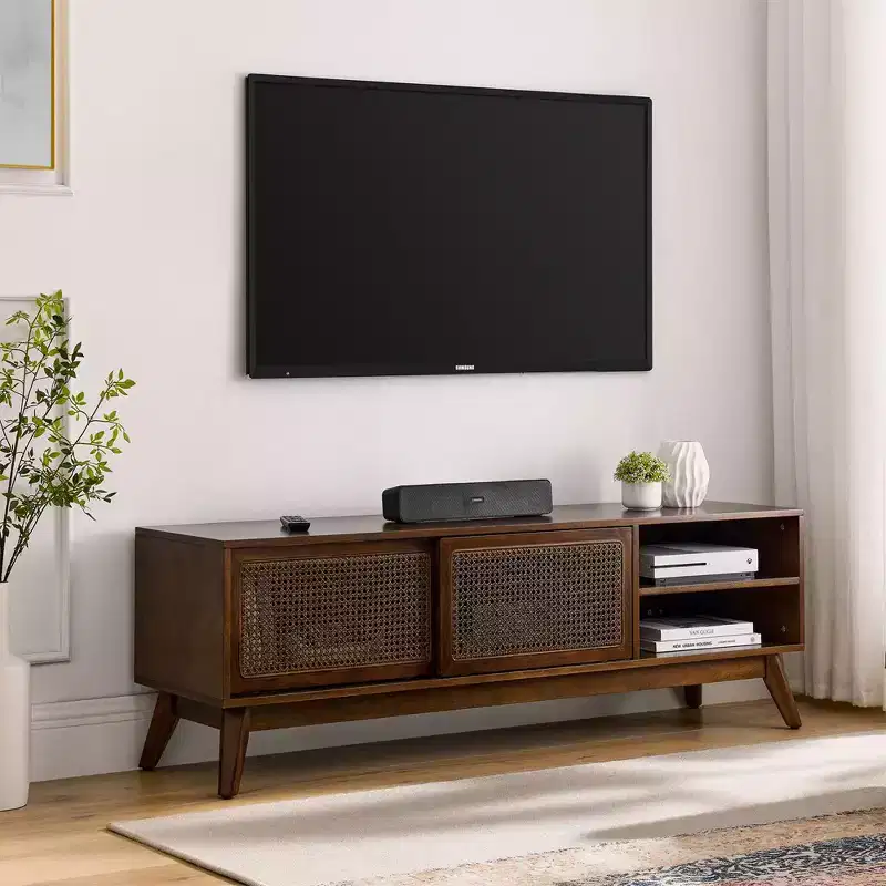 Modern Rattan TV Stand For TV Up To 65 Inch Entertainment Center Media Console Cabinet With Sliding Door,abstract,brown,59in,4.92ft
