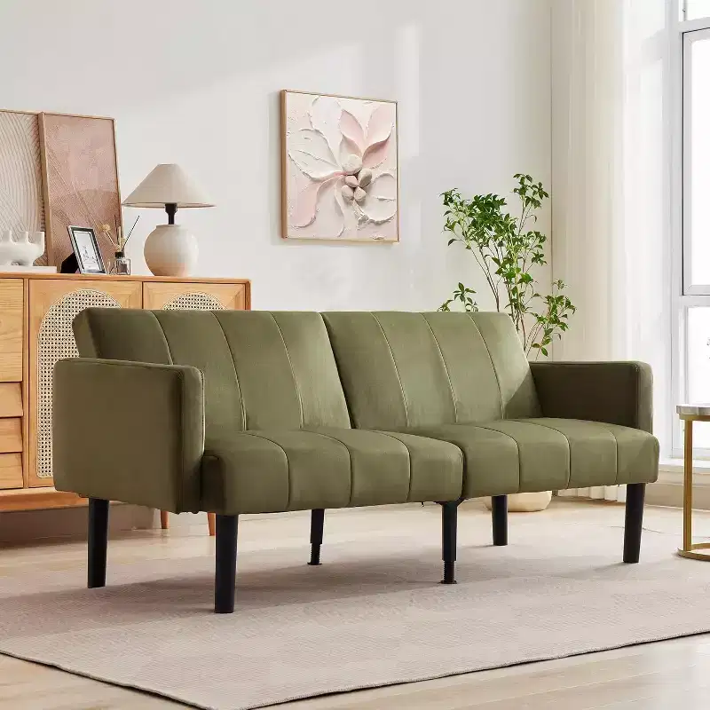 75.5 Futon Sofa Bed with Wooden Frame - Linen Flannel Loveseat Couch Bed, Vertical Pattern, Multi-Functional for Living Room