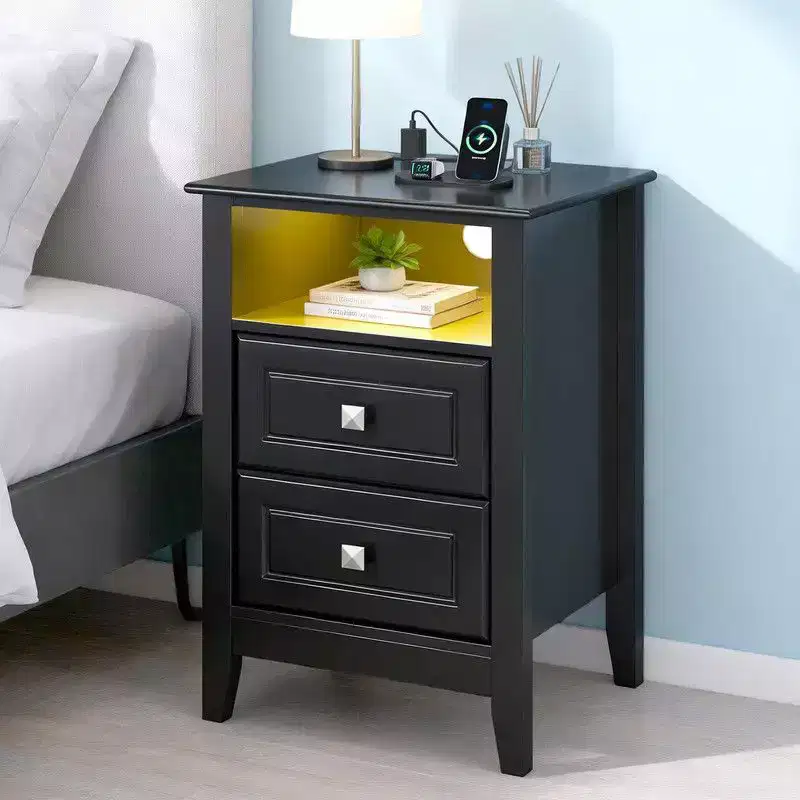 Karl Home 15.75 Inch 2 Drawer Nightstand with Shelf Power Outlets and RGB LED Lights