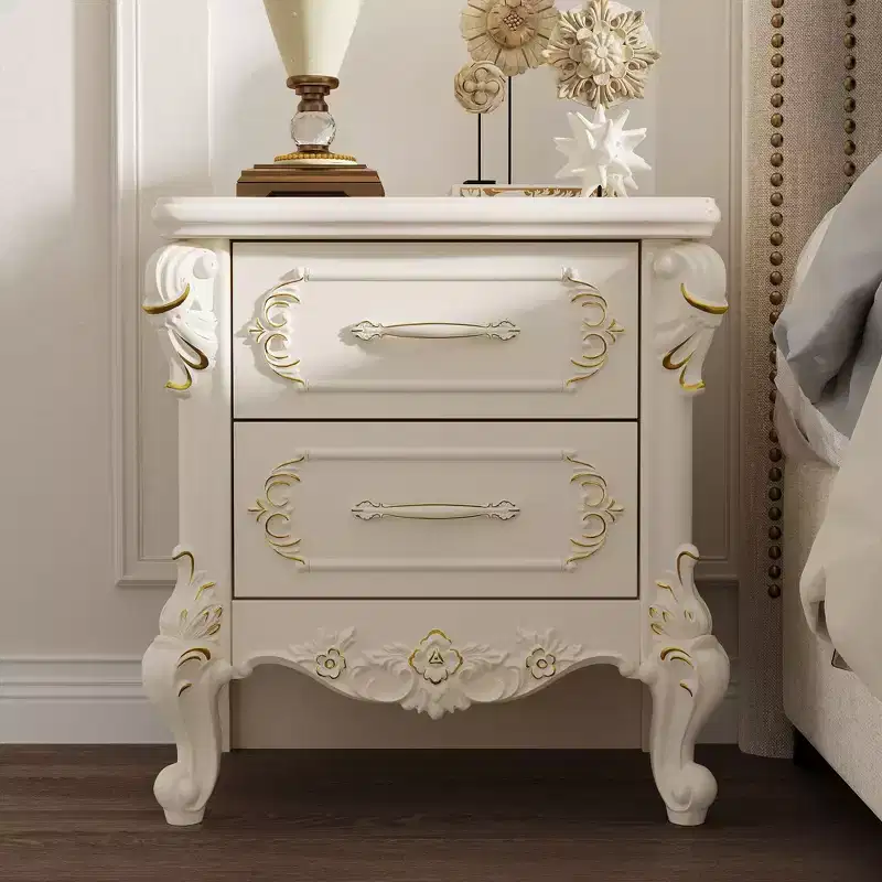 Vintage Luxury Nightstand with Gold-Accented Carvings and Double Drawers, 55 LBS Top Capacity