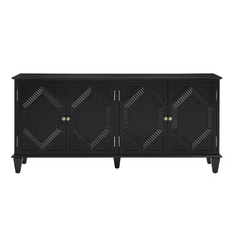 HomeRoots 66 Black Wood Carved Geometric Accent Cabinet With Four Doors