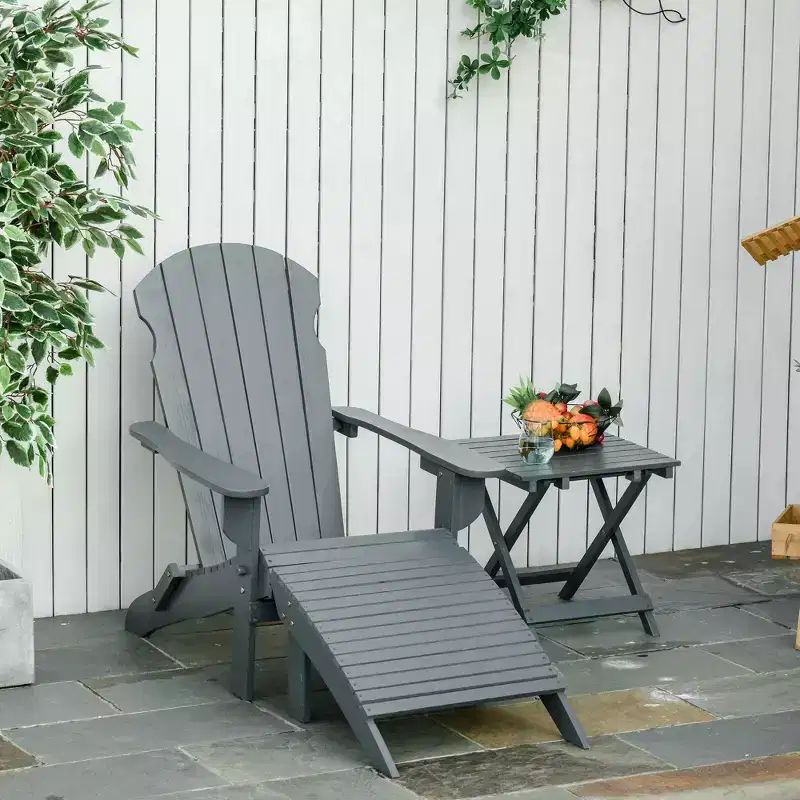 Outsunny 3-Piece Folding Adirondack Chair Set with Ottoman and Side Table, Outdoor Wooden Accent Furniture Fire Pit Lounge Chairs for Patio