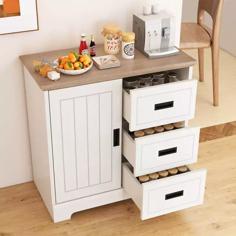 Costway Farmhouse Sideboard Buffet Cabinet with Sliding Doors 3 Drawers Adjustable Shelf