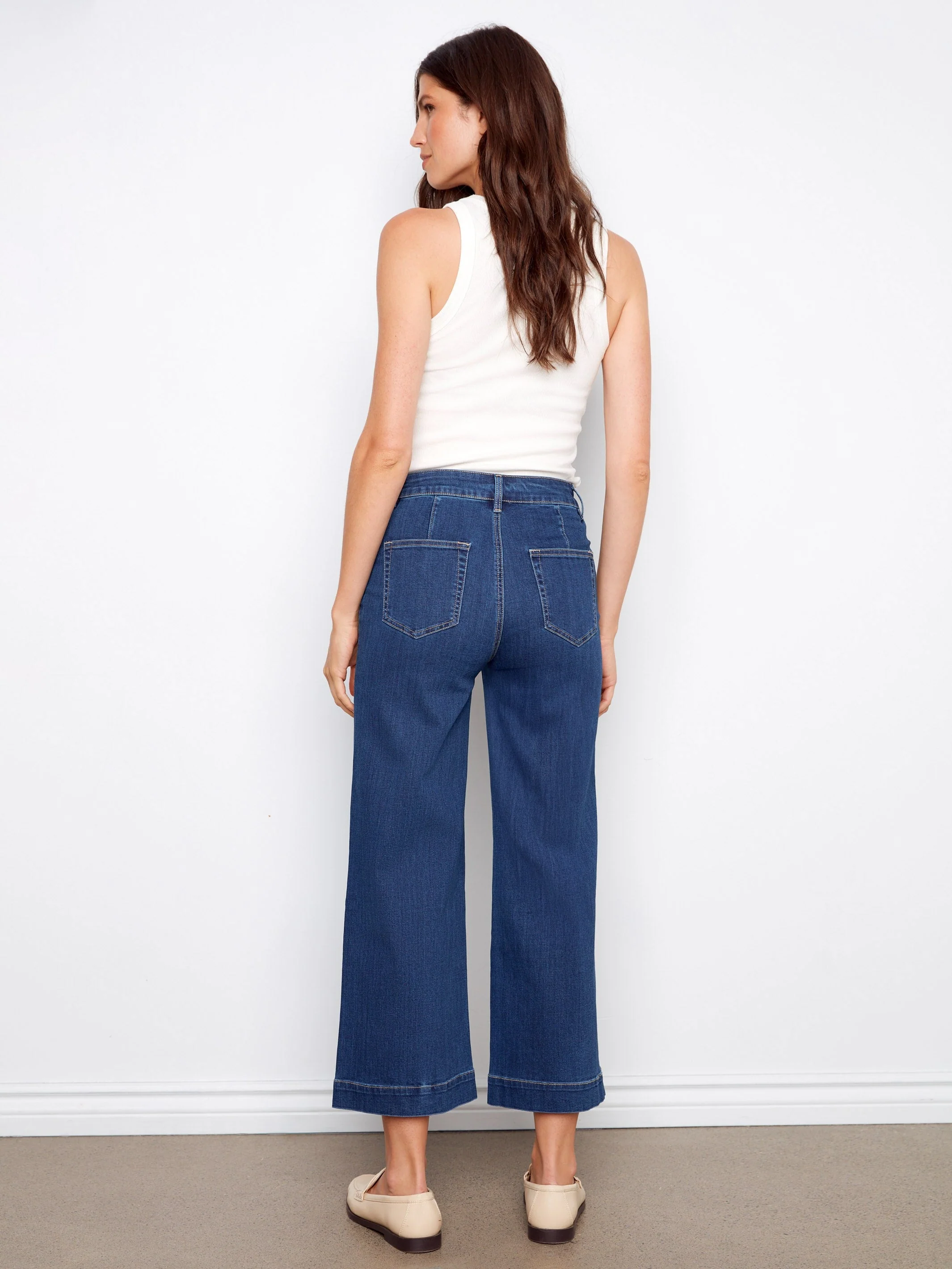 Cropped Patch Pocket Flare Jeans - Indigo