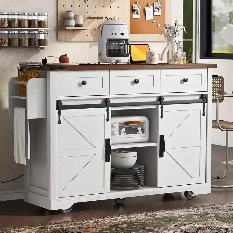 Okak Kitchen Island with Power Outlet, Kitchen Cart with 2 Sliding Barn Doors, Drop Leaf and Spice Rack, Rolling Kitchen Island for Kitchen