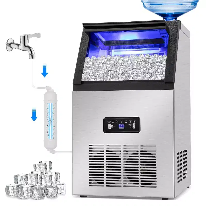 Denjol 14 in Commercial Ice Machine: 100 lb./24H, 20 lb. Storage - Freestanding with Dual Water Inlet & Stainless Steel