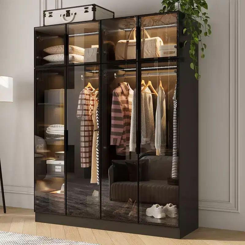 Hitow Pure Black Luxury Armoire with Tempered Glass Doors 3-Color LED Wardrobe Floor-to-Ceiling Bedroom Closet Organizer Dressing Room Closet