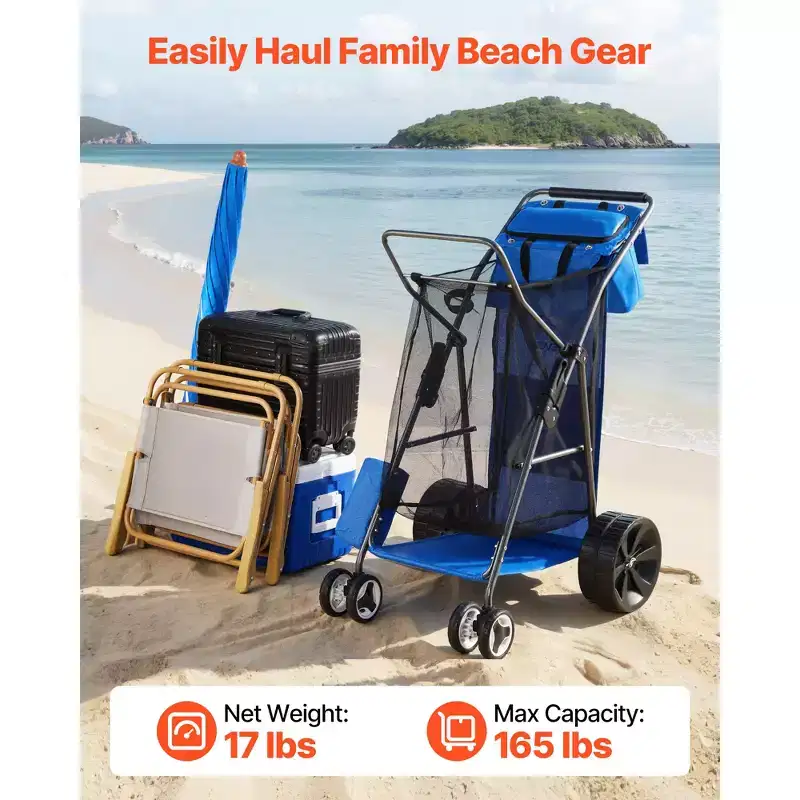 Beach Cart with Large Wheels for Sand 165 lbs Load Capacity Heavy Duty Folding Beach Wagon Blue+Gray