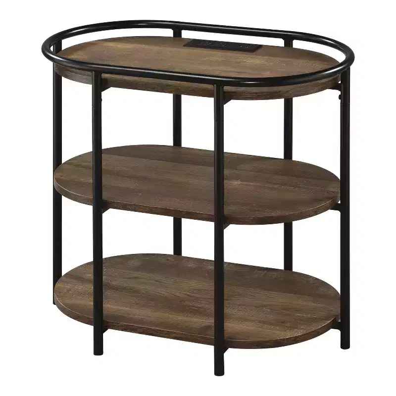 24/7 Shop At Home Tanna Side Table Brown/Matte Black Coating: Oval, 3-Tier Shelves, USB Ports, Metal Frame