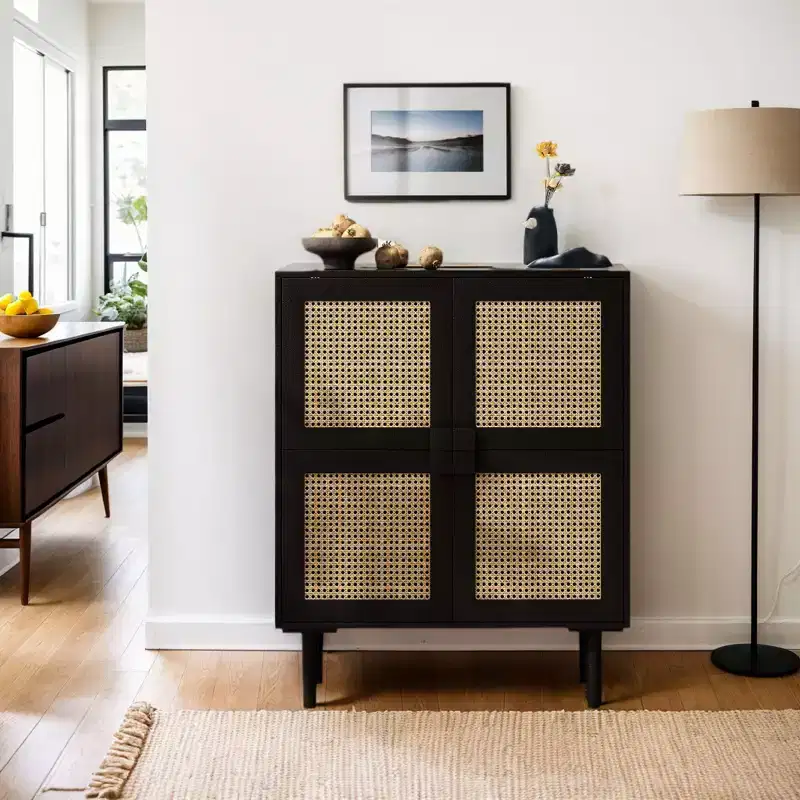 Okak Rattan Mesh Sideboard Cabinet, Bufft Cabinet with 4 Doors and 8 Shelves, Storage Cabinet for Living Room, Dining Room, Kitchen