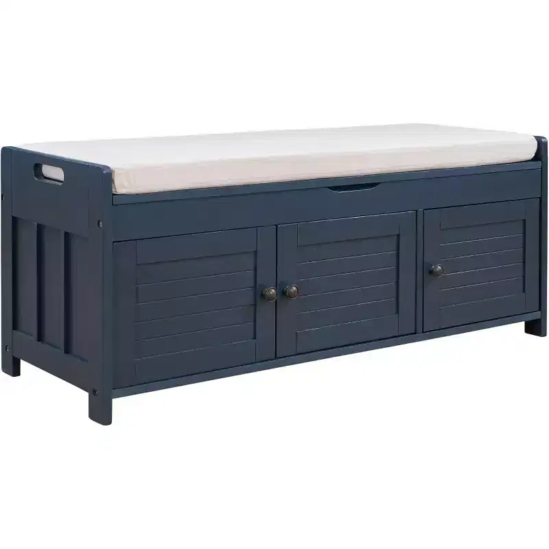 Wash Shoe Storage Bench with Removable Cushion, 3 Shutter Doors, Sturdy Wood Legs, Hidden Top Storage for Entryway & Bedroom
