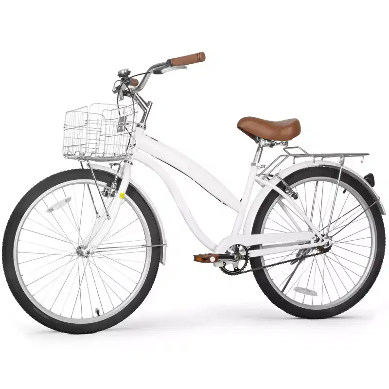 hykolity 26 inch Cruiser Bike Beach Bicycle City Bike Commuter Cycling for Adult Women Height 60-72 inch Front Basket Rear Rack Pale White