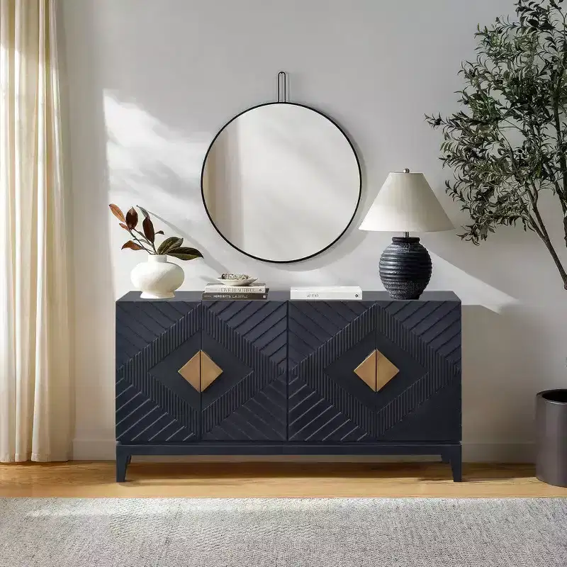 55 Inch Sideboard Buffet Console with Door Cabinet, Brass Coated Diamond Cut Handles