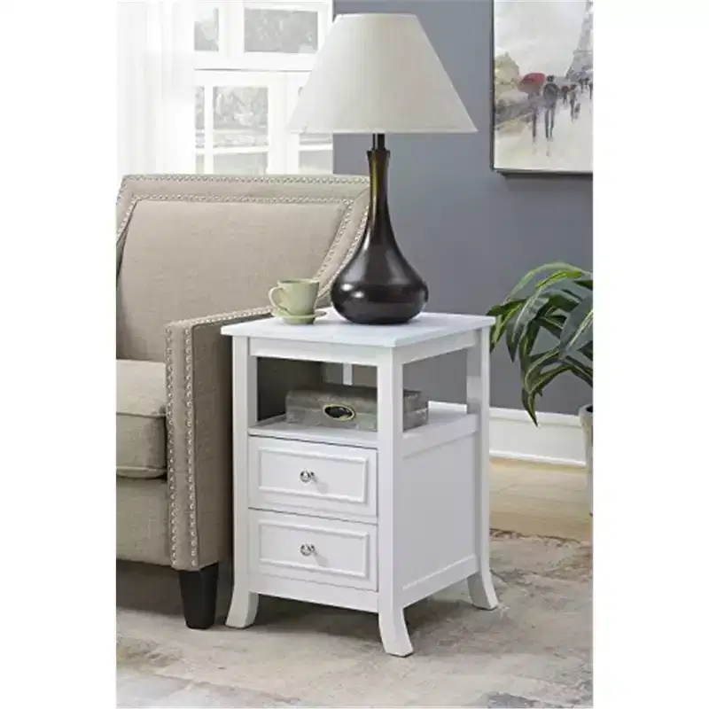 HomeStock Belmont Elegant Transitional End Table with Two Drawers, Open Shelf, Pewter Knobs and Saber Legs for Living Room Storage