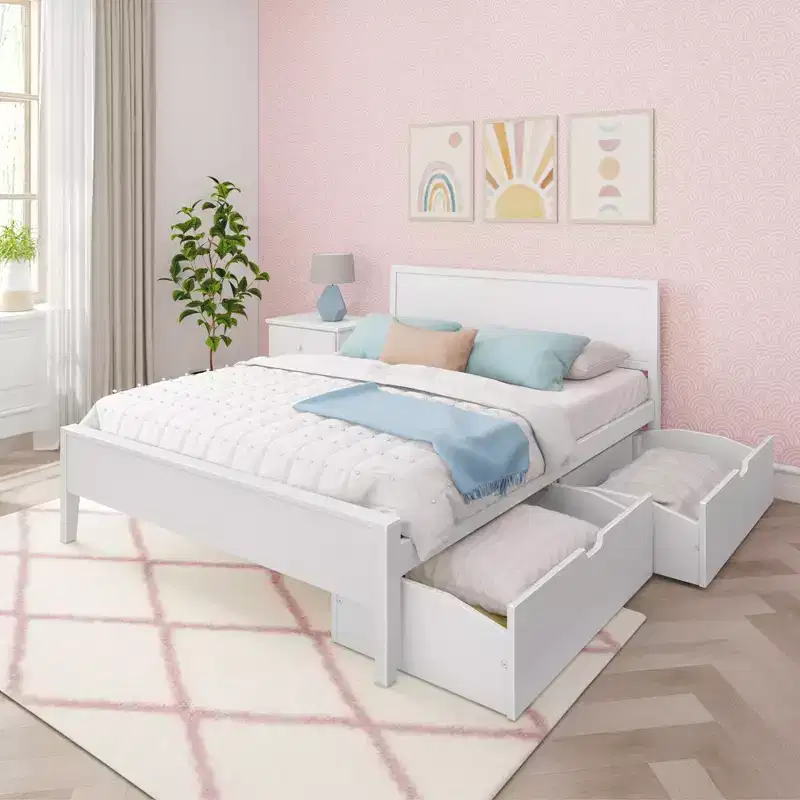 Max & Lily Queen Bed with Storage Drawers, Solid Wood Bed Frame with Panel Headboard, Wood Slat Support, No Box Spring Needed