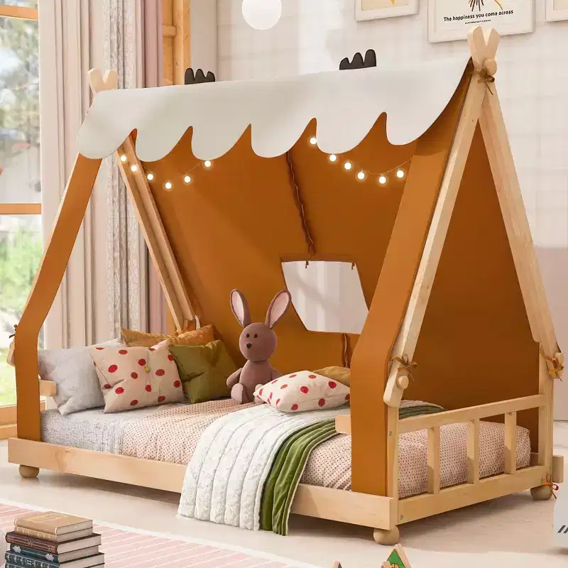 Twin/Full House-Shaped Floor Canopy Beds with Tent & Light Decor,Platform Bed Frame for Kids,Teens,No Spring Box Needed