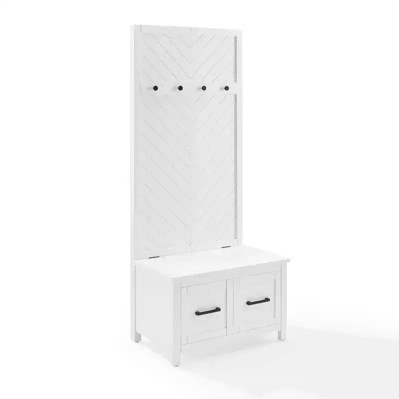 Hall Tree White Mudroom Entryway Organizer with 4 Hooks and Storage Bench Veneer Finish