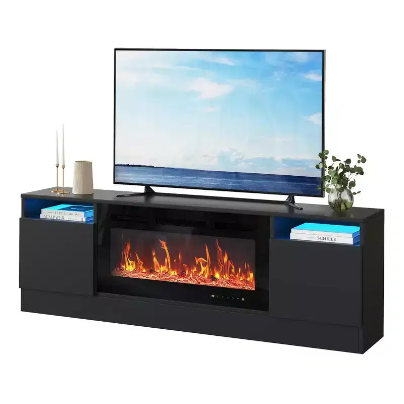 Modern TV Stand with LED Lighting, Storage Cabinets and Shelves