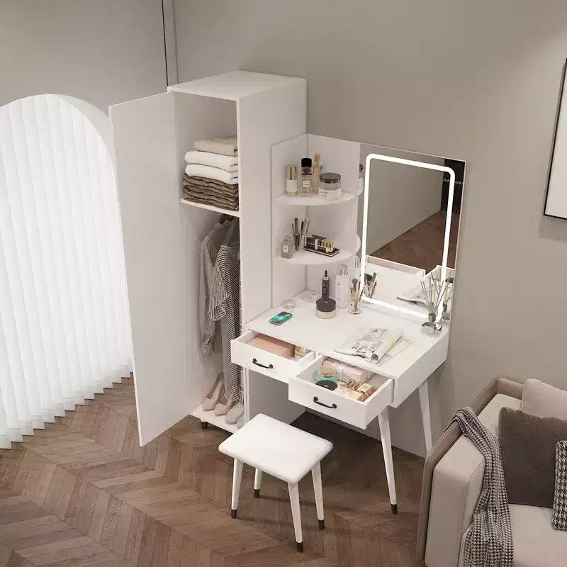 Karl Home White Makeup Vanity Table and Slim Armoire Wardrobe Set