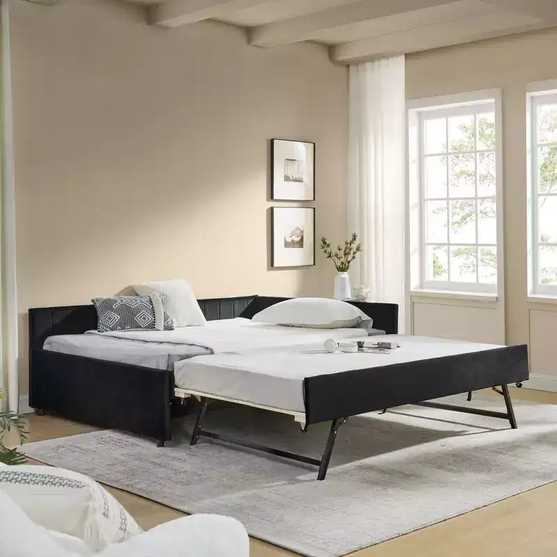 Bellemave Full Size Upholstered Daybed with Trundle, Sofa Bed Frame with Comfortable Backrest & Armrests, Black.