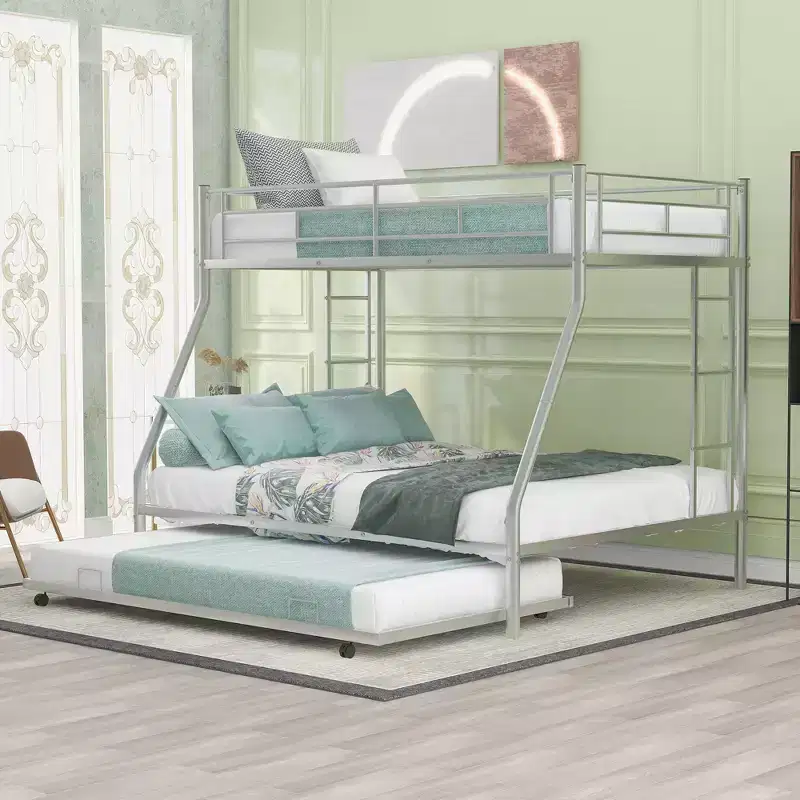 Whisen Twin over Full Bed with Sturdy Steel Frame Bunk Bed with Twin Size Trundle and Two-Side Ladders
