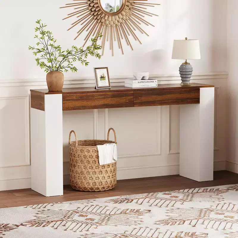 Long Console Table with 2 Drawers,Farmhouse Entryway Table Behind Couch,Wooden Foyer Stand Entry Station, Modern Hallway Accent Furniture