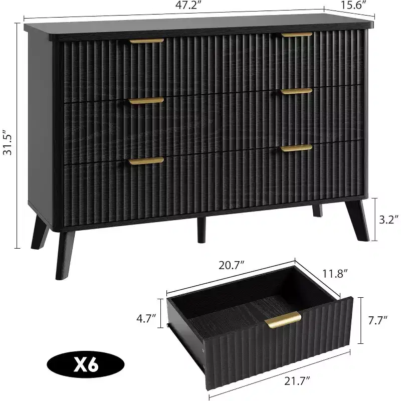 COZONY Fluted Dresser with 6 Drawers, Modern Wooden Chest with Curved Design for Bedroom Storage