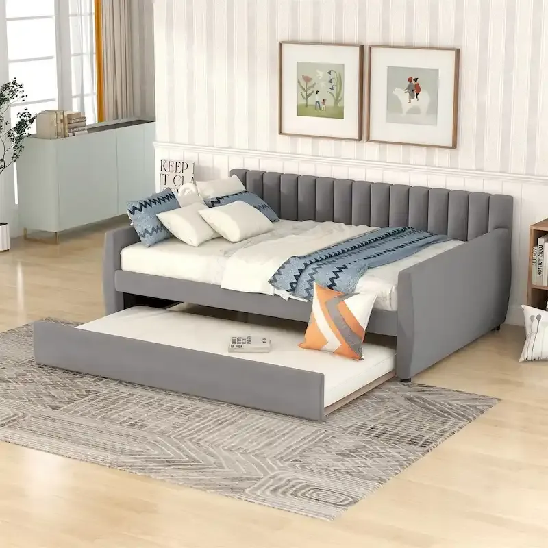 Grey / Beige Upholstered Daybed with 2 Drawers – Twin / Full, 1–2 Person