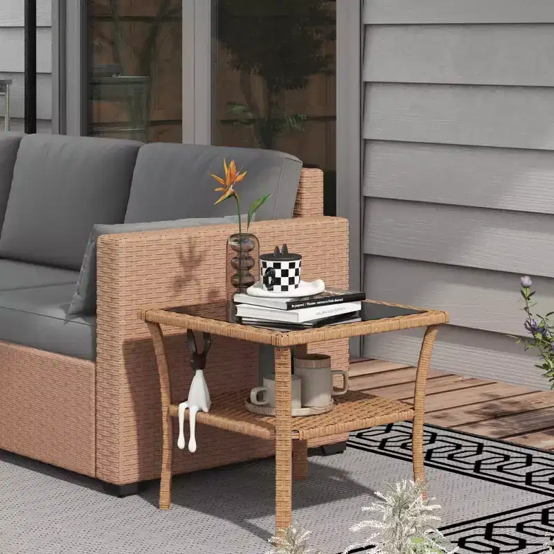 Rattan Side Table, Outdoor End Table with Storage Shelf, Aluminum Frame Square Table with Tempered Glass Top
